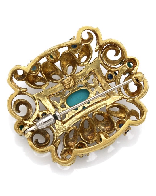 Turquoise, Sapphire and Blue Enamel Brooch Pin